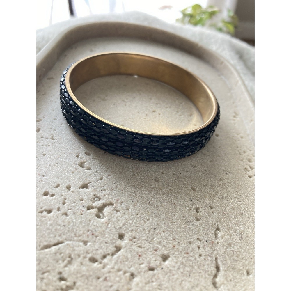 Black Faceted Bead Bangle Bracelet Gold Tone Wide Statement Glam Couture Bold